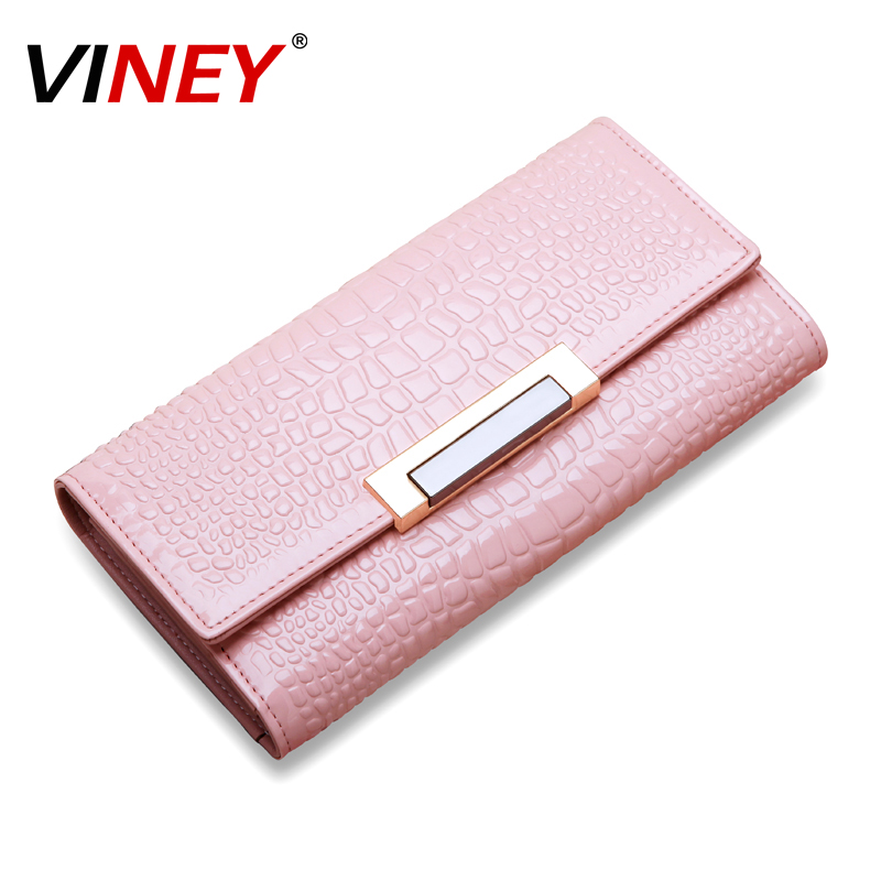 Women's wallet 2014 wallet female long design japanned leather crocodile pattern cowhide wallet zipper shallow pink female