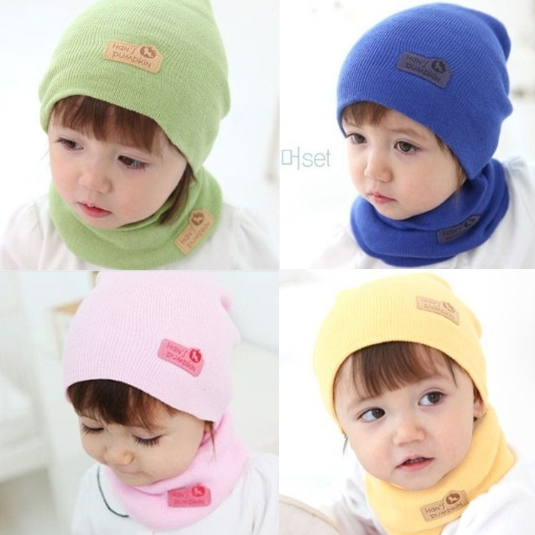 6 Colors Spring Children Hedging Cap Scarf Suit Leather Standard Solid Color Candy Colored Wool Hats