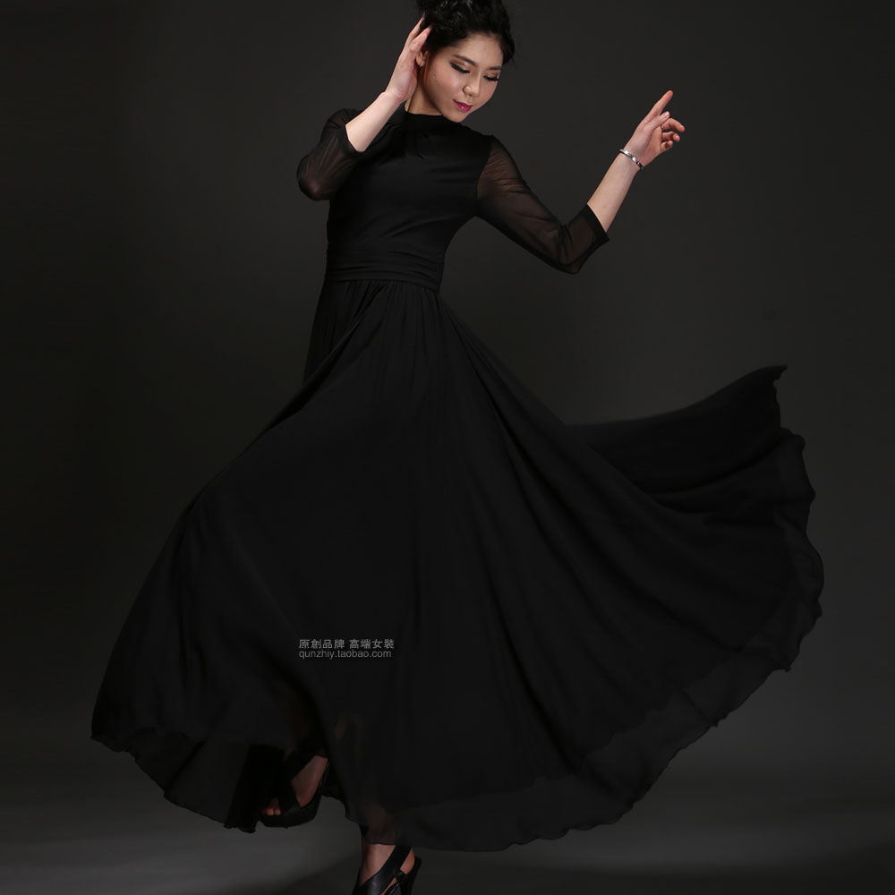 2013 Spring women's long dress black fashion expansion bottom ultra long chiffon full dress half sleeve plus size S-XXXL maxi