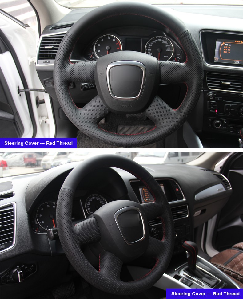 for Audi Old A4 B7 B8 A6 C6 2004-2011 Q5 2008-2012 Q7 2005-2011 Black Leather Steering Wheel Cover (No multi-function button)