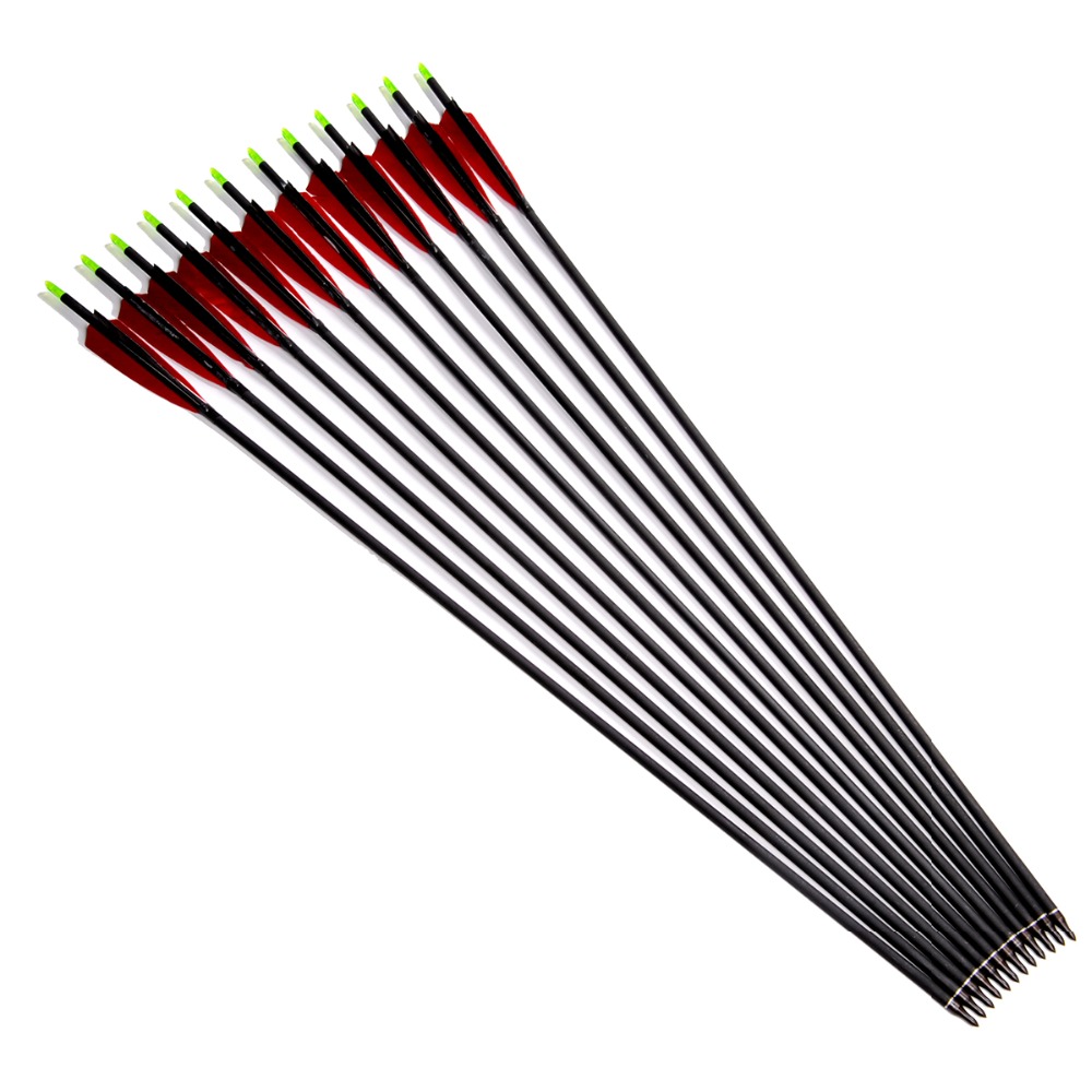 12pcs lot Archery Hunting Mixed Carbon Arrows with Red Black Turkey Feather Replaceable Arrowhead Spine 500