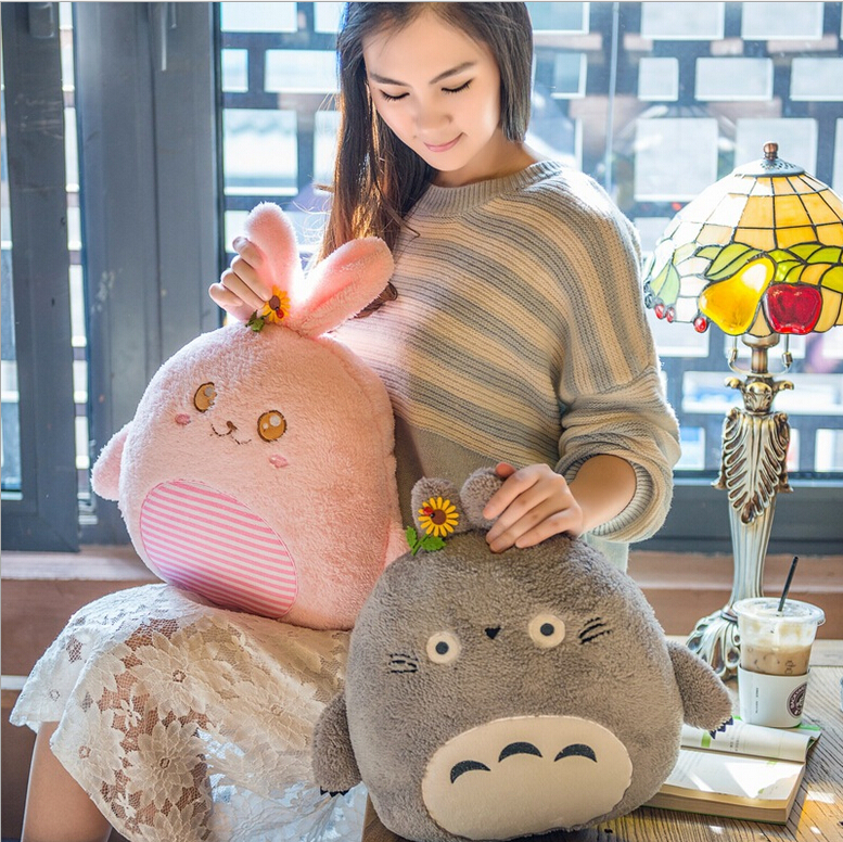 Cute Cartoon Animal Plush Pillow and Blanket Staffed Soft Rabbit Totoro Bear and Dog Pillow Air Conditioning Blanket Nice Gift