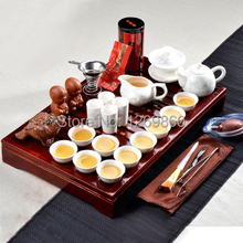 Drinkware bone china porcelain tea set purple white kung fu tea solid wood tea tray set