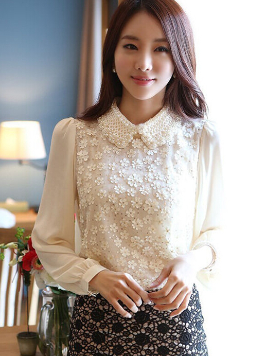 Бесплатная доставка высокое качество корейский питер пэн воротник бусины цветок оформлен с длинным рукавом женщина шифоновая блуза
