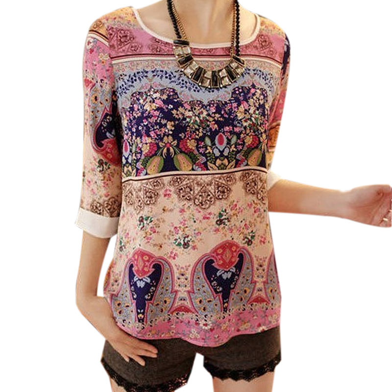 New 2015 Summer Women Korean Chiffon Print Lace Three Quarter Puff Sleeve O neck Loose Tee