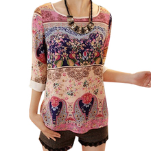 New 2015 Summer Women Korean Chiffon Print Lace Three Quarter Puff Sleeve O neck Loose Tee