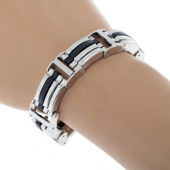 New Men High Quality Stainless Steel Bracelet Silver Link Black Rubber Chain Bangle