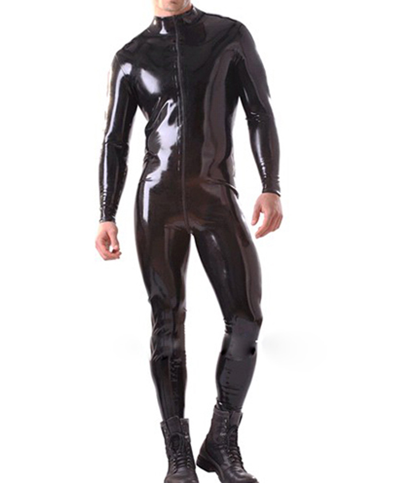 2015 new Fashion wet look Black fetish latex catsuit  with front zipper for man fetish rubber jumpsuit plus size Hot sale