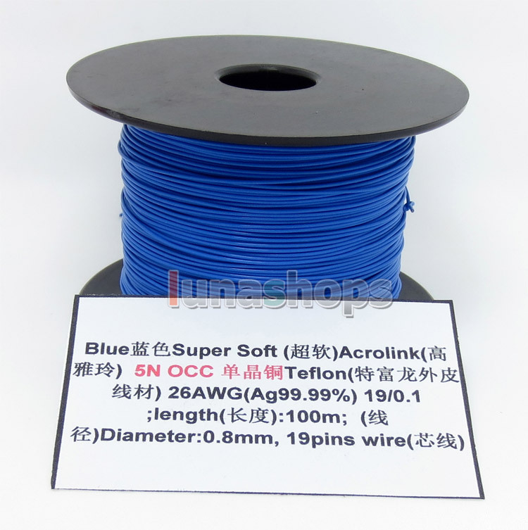 Blue 100m 26AWG Ag99.9% Acrolink Pure 5N OCC Signal Teflon Wire Cable 19/0.1mm2 Dia:0.8mm For DIY