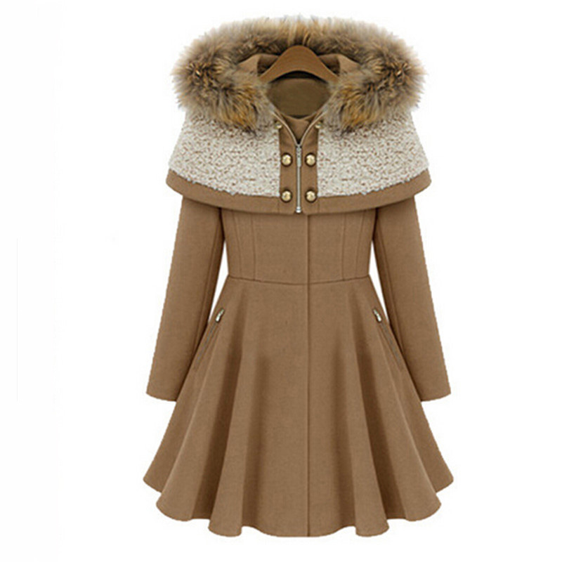 2015 Winter Coat Female Winter Blend Jacket With Fur Collar Fashion Slim Hooded Long Wool Cape Coat Women patchwork Overcoat