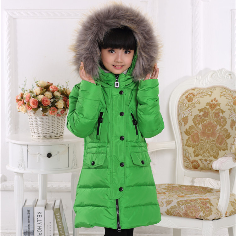2015 Winter Thick Children Girl Long Duck Down Jacket Kids Down Parkas Suit With Big Fur Collar Child Outwear Cold  -30 Degree