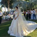 Luxury Long Train Champagne Wedding Dresses Off The shoulder Colorful Lace Appliques Bridal Gowns Puffy 2016