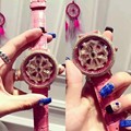 Shining Rotation Women Real Leather Watches Lady Dress Watch Big Diamond Stone Wristwatch Lady Genuine Leather