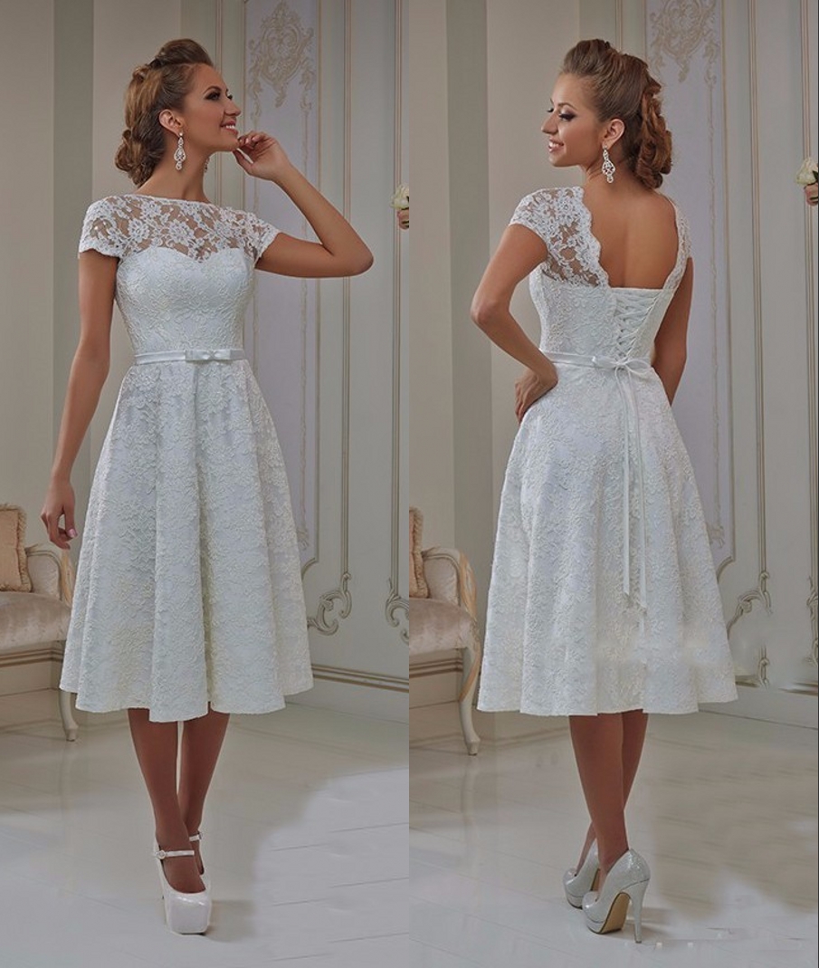 Vintage Lace Tea Length Short Wedding Dresses 2019 With Cap Sleeves A Line Open Back 1960s Casual Reception Bridal Gowns New Lace Vintage Wedding Dress Lace Corset Wedding Dressdresses Lace Aliexpress
