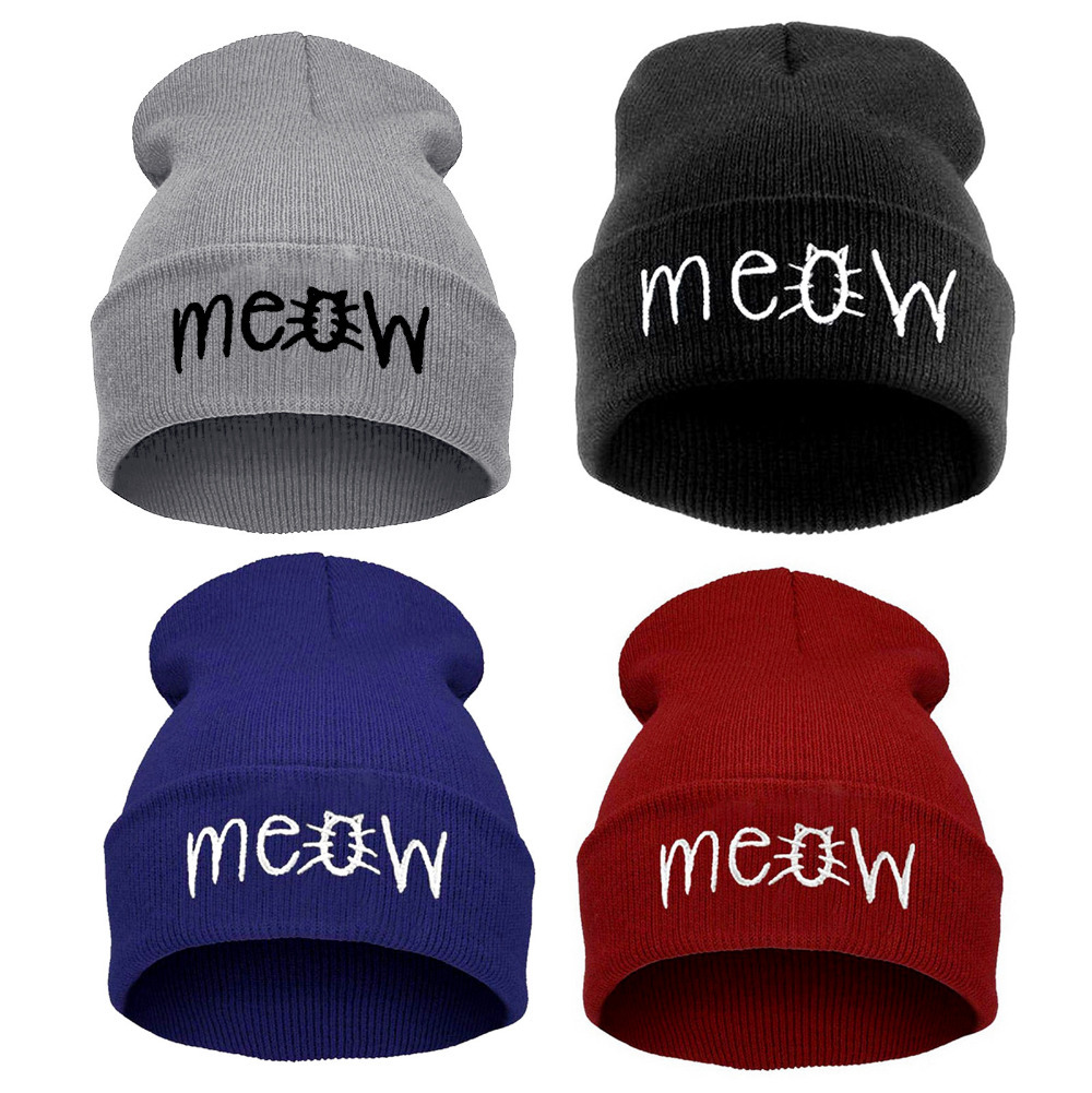 Fashion MEOW Cap Men Casual Hip Hop Hats Knitted Wool Skullies Beanie Hat Warm Winter Hat
