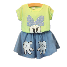 2016 New Summer Girls Baby Girl Clothes Sets Top Cartoon Printed Short Sleeve T shirt +Solid TuTu Skirt Girls Summer Clothes