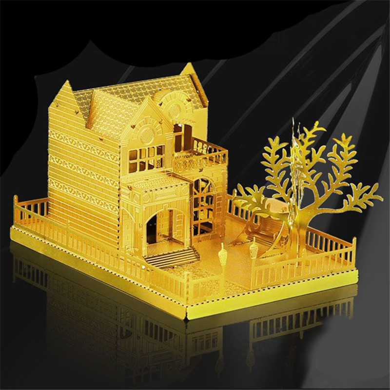 Золото Вилла 3D Металлические Головоломки Для Детей DIY Сборки Модели Здания Головоломки Упражнения Мозг Развивающие Детские