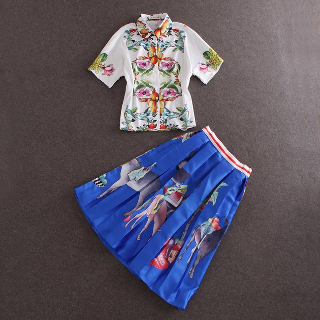 2015 Fashion Runway Style Print Short Sleeve Shirt and Print Ball Gown Skirt Women 2 pieces Set (20)