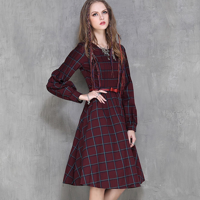 2016 Sping/Autumn Plus Size Classic British Style Red Plaid Dress Empire Lantern Sleeve Plaid Dress Vintage Robe Vestido Curto