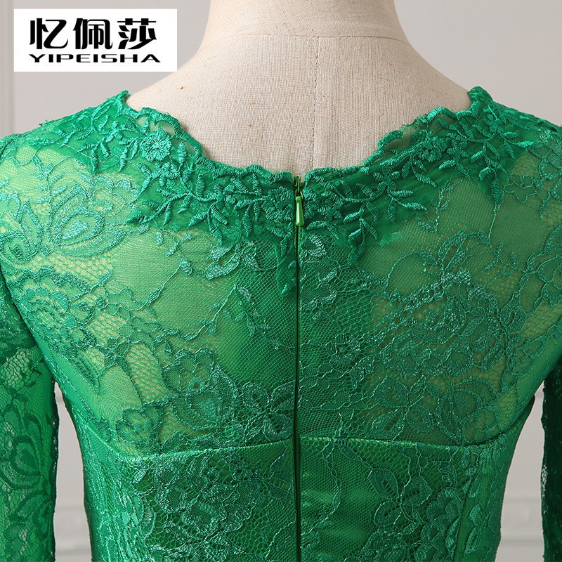 2015 Long Sleeve Evening Dresses Vintage Green Lace Mermaid High Neck Court Train EveningFormal Gowns For Womens 