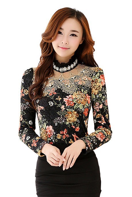 NEW-2015-Spring-Fashion-Elegant-Ladies-Floral-Print-Turtleneck-Lace-Fleece-Blouse-Office-Body-Woman-Shirts