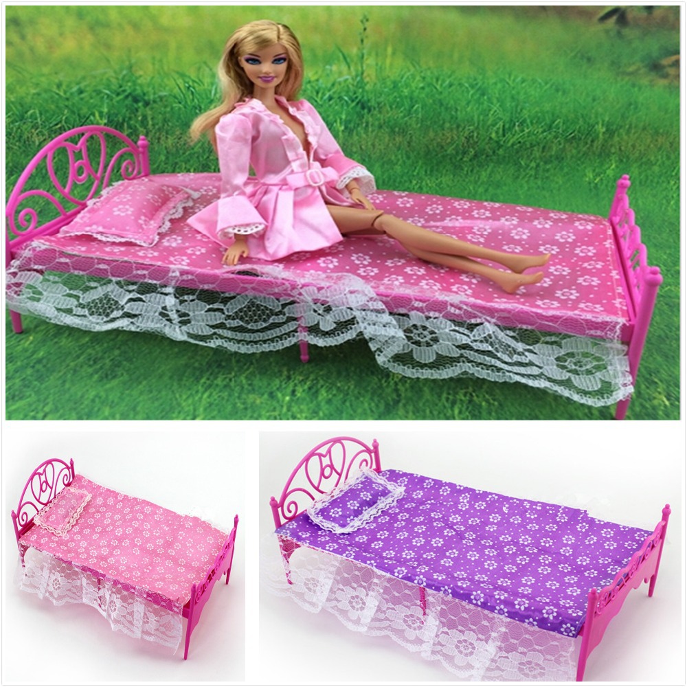 Free Shipping Classical Dolls Furniture Set Bed+Sheet+Pillow 3-Piece Set For 1/6 Dolls Girls Nice Birthday Gifts Wholesale