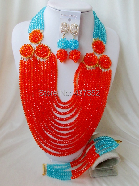 New Arrived! turquoise blue orange costume nigerian wedding african beads jewelry sets crystal beads necklaces NC2206