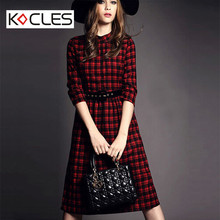 Plus Size Women Spring Summer Elegant Slim Midi Tartan Cotton Tunic Belted Patchwork 3/4 Sleeve Mandarin Collar Work Plaid Dress