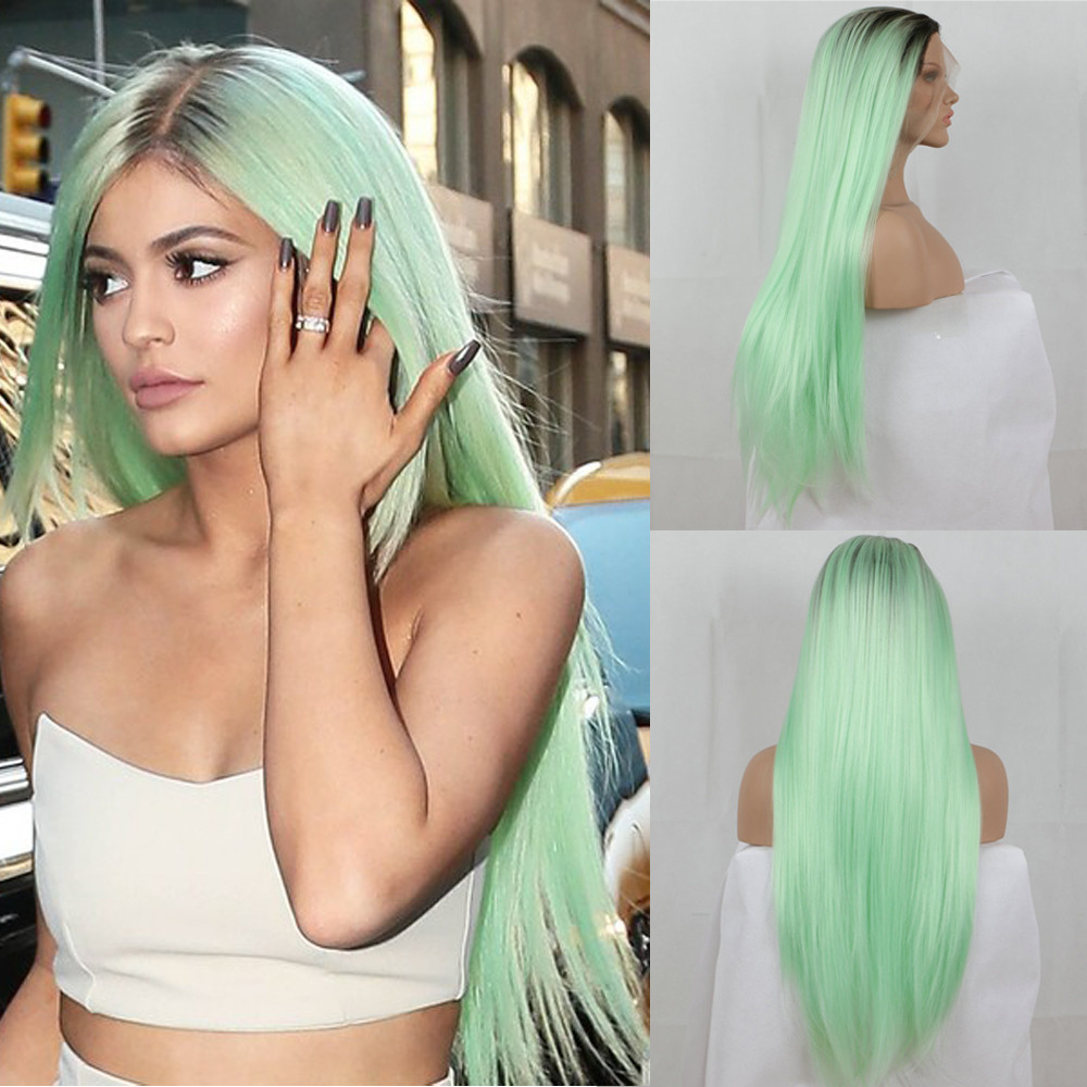 Kylie Jenner Style Ombre Mint Green Long Straight Synthetic Lace Front Wig ...