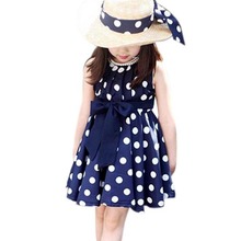 high quality, New Kids Girls Chiffion Dress Polka Dot Pleated Sundress Bowknot Belt Dress Summer Dresses 2-6Y QL
