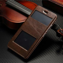 Luxury PU Leather Case for Xiaomi Redmi Note 2 Hongmi Note 2 Double View Windows Phone Cover Shell Gold Black Brown