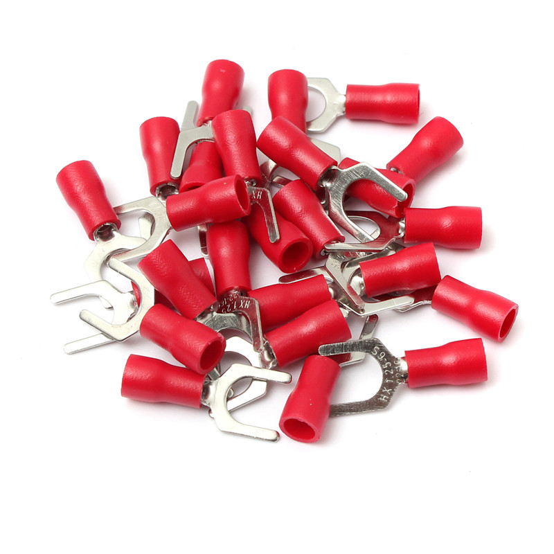 The Best Quality 25PCS Red Insulated Fork Wire Connector Electrical Crimp Terminal 22-16AWG 6.4m 5.3mm 4.3mm 3.7mm 3.2 mm