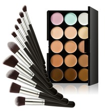 V1NF 15 Colors Contour Cream Makeup Concealer Palette 10pcs Brush Black Silver Free Shipping