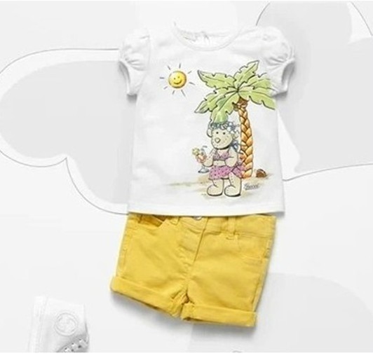 2014 Summer baby girl suit white short sleeve coconut tree print t shirt + yellow shorts 2pcs set  girls clothing set 6set/lot