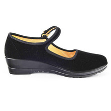 Heels Shoes Women Flock Mary Janes Close Round Toe Strap Ladies Black Heels Low Wedge Heel