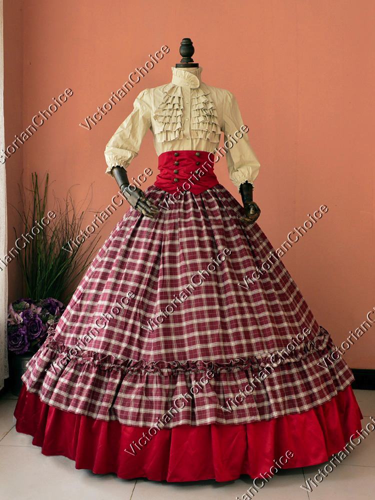 Civil War Victorian 3PC Ball Gown Reenactment Masquerade font b Tartan b font Dress Women Halloween