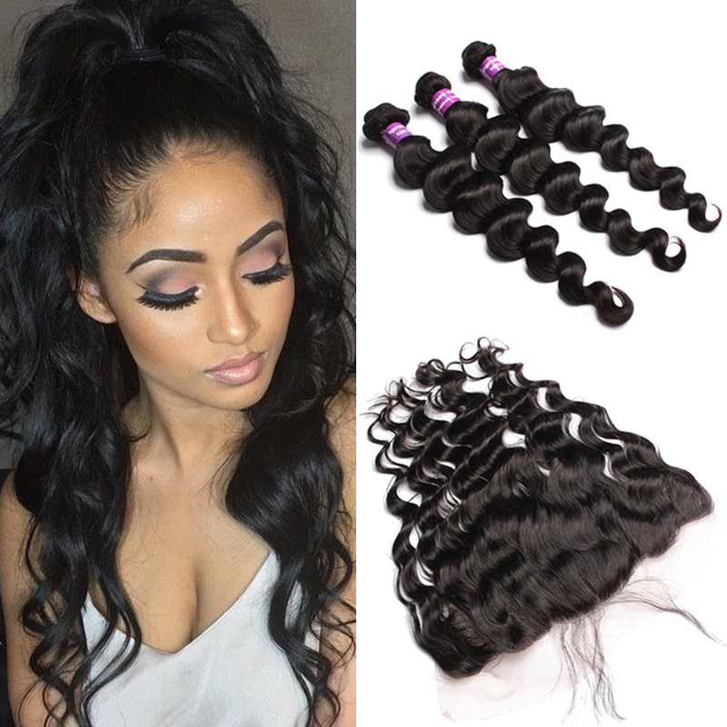 13x4 Brazilian Loose Wave Lace Frontal Closure With Bundles 6A Brazilian Virgin Hair With Lace Frontal Closure Rosa Hair Product