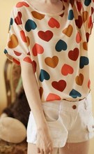 New Womens Summer Bird Print Heart Design Geometric Polka Dot Cute Loose Chiffon Short Sleeve Top