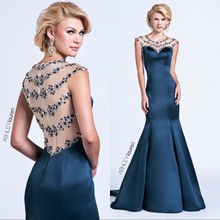 2016 Long Evening Dresses Sheer Neck Beaded Crystals Royal Blue/Ivory Formal Long Prom Dresses Sexy Mermaid Short Sleeves