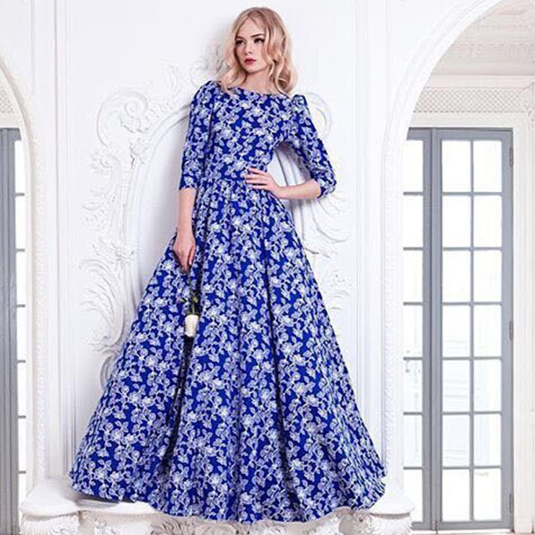 Luxury Long Dress 2016 Spring Autumn New Fashion Brand Three Quarter Sleeve Runway Floral Print Belt Elegant Princess Dress