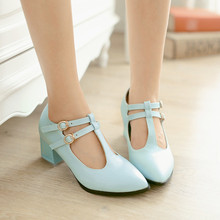 2015 leisure elegant women shoes pointed toe square heel double T strap PU leather women pumps