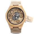 BOBO BIRD B09 Exposed Movement Design Bamboo Wood Quartz Watches With White Real Leather Straps Skeleton