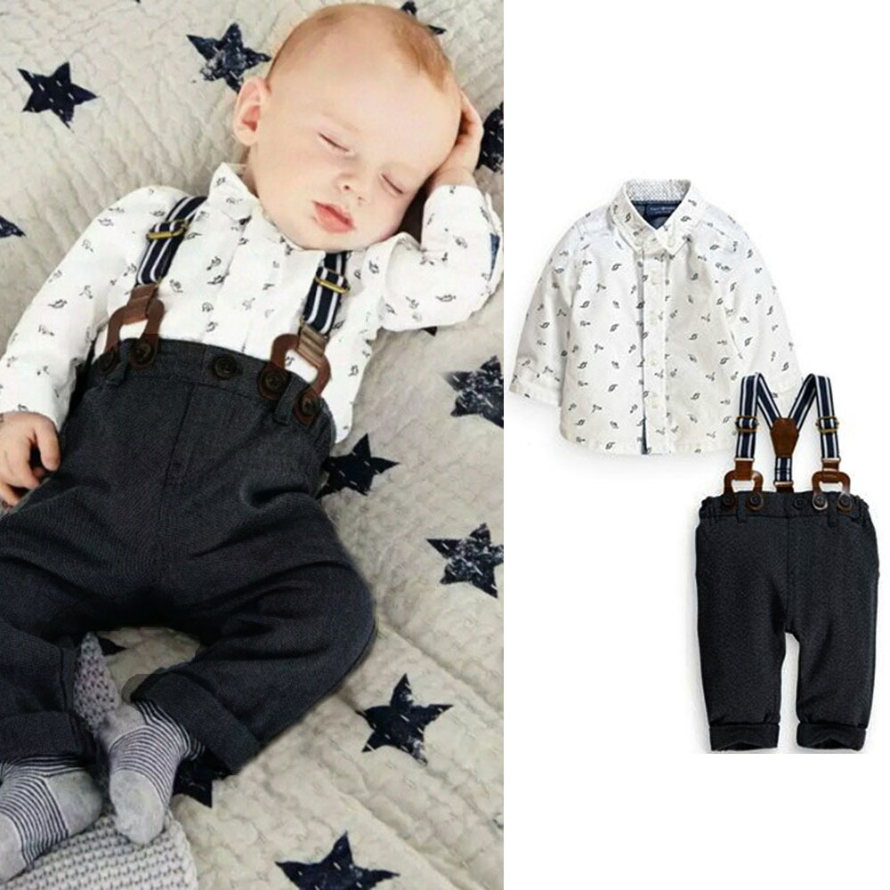 2Pcs Set Outfit Baby Boy Clothes Sets Toddler Shirt Top+Bib Pants Overall Costume Kids Clothing Set for 3M-2Y Freeshipping
