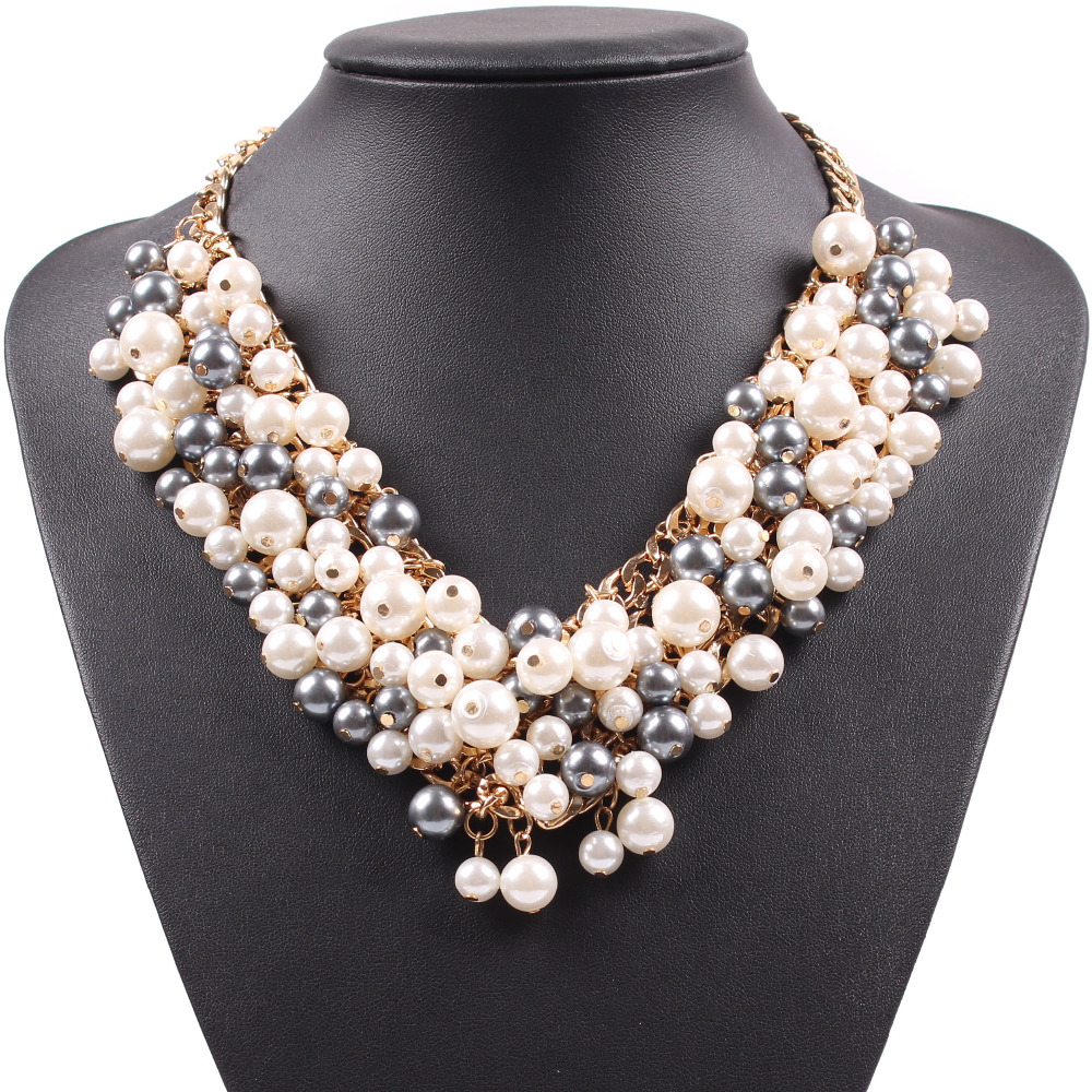 2016 new arrival fashion cheap brand chunky statement pearl necklace for women gold plated chain jewelry