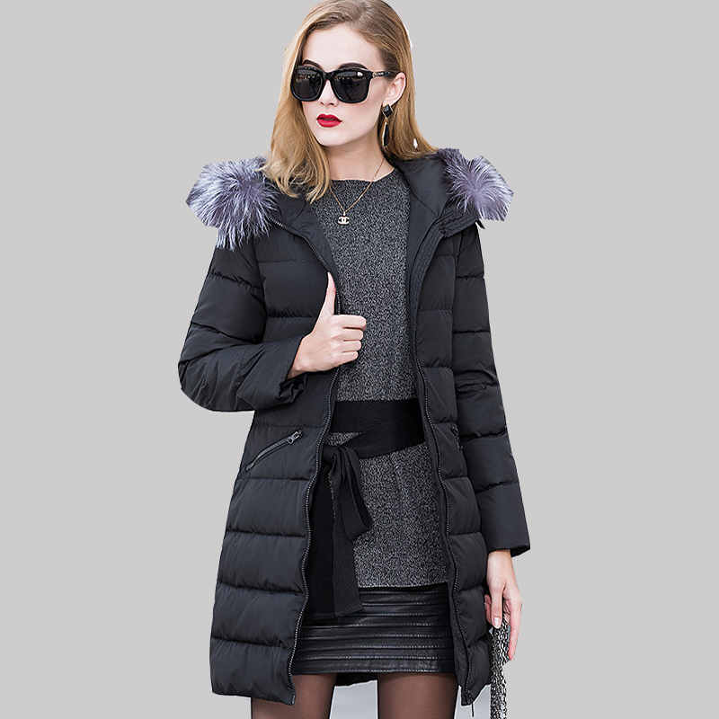 2016 Autumn Winter Large Size Long Duck Down Jacket Female New European Fox Fur Collar Hooded Women's Coat Warm Parkas JA246