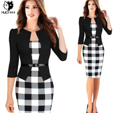 HUOX 2016 Autumn Women Faux Two Pieces Patchwork Bodycon Dress Elegant Plus Size Plaid Belted Bandage Dress Sheath Pencil Dress