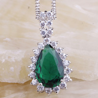 lingmei Alluring Water-Drop Emerald Quartz White Topaz Jewelry 925 Silver Necklace Chain Charms Pendant Free Shipping Wholesale