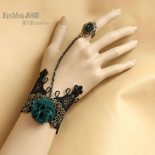 Handmade Women’s Gothic Black Knitted Lace Stone Green Flower Bat Adjustable Ring to Wrist Bracelet Slave Ball Lolita Fashion