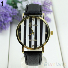 Fashion Women Men Classic Geneva Stripes Print Leatheroid Analog Quartz Dress Wrist Watches 01NS 2UQL