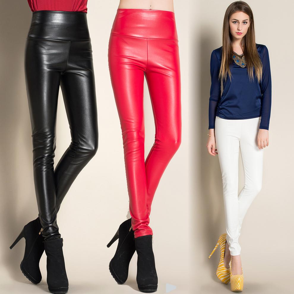 winter thicken warm leather leggings velvet PU multicolour faux tight elastic high waist pants female trousers plus size